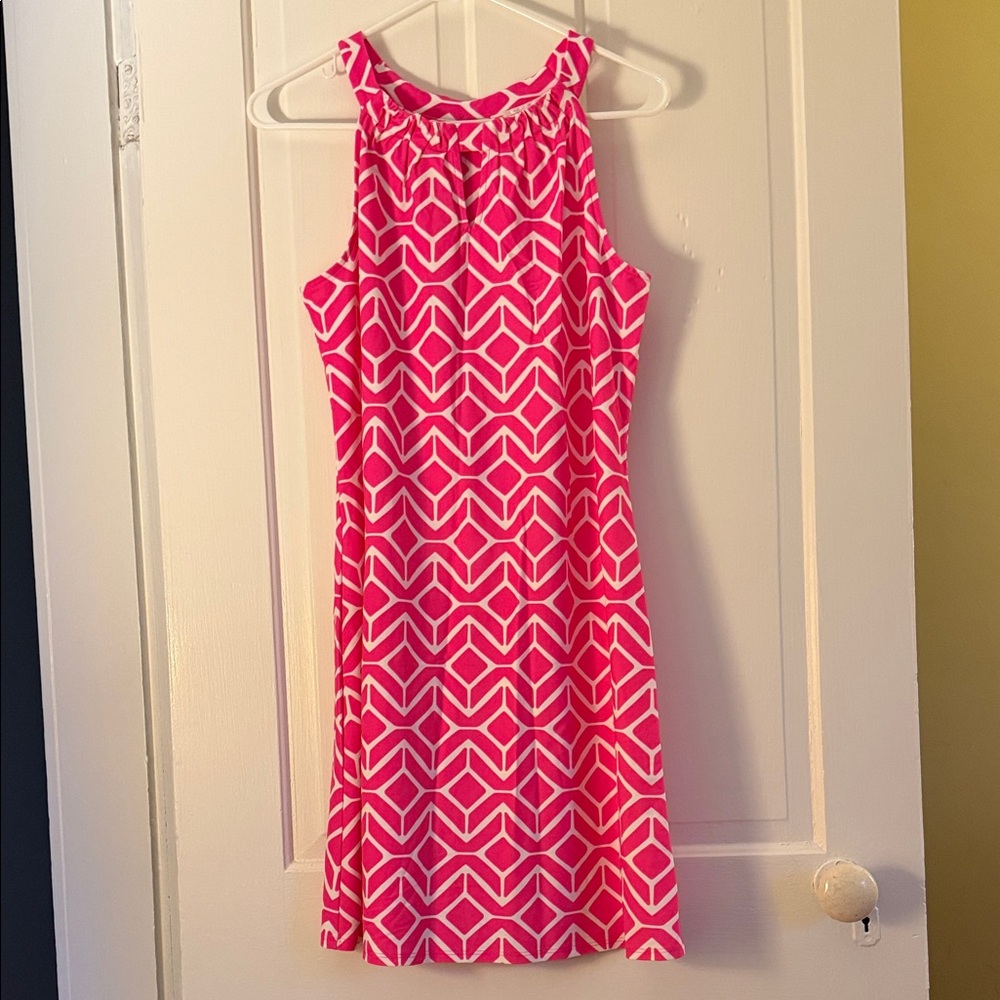 Jude Connally Hot Pink and White Geometric Halter Shift Dress Sz M